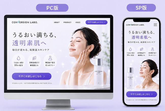 PC版とスマホ版のファーストビュー可視領域およびスマホ1画面完結レイアウト比較図 